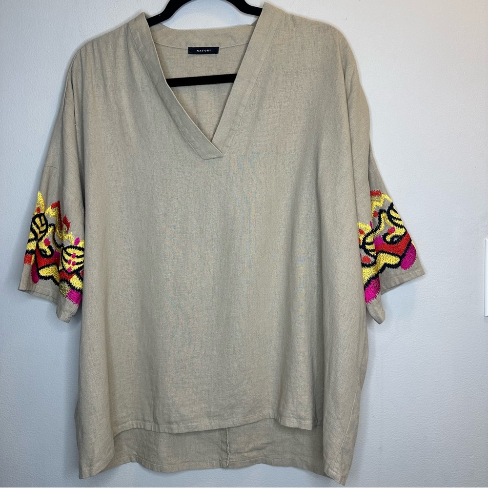 Natori Women Beige Tan Linen Kimono Top Embroidered Sleeve Tunic Oversized Sz M